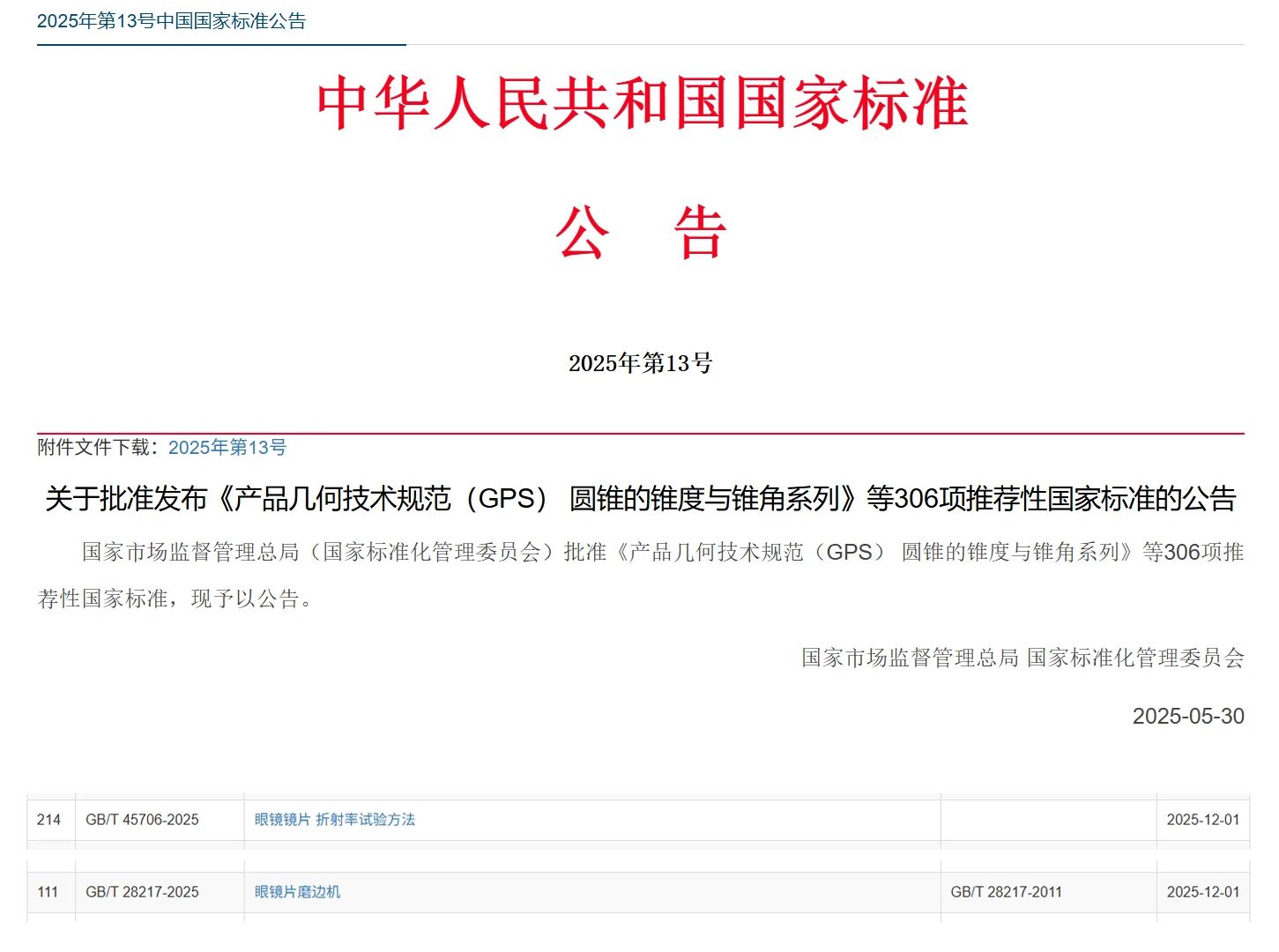 《眼镜片磨边机》和《眼镜镜片 折射率实验方法》2项推荐性国家标准发布